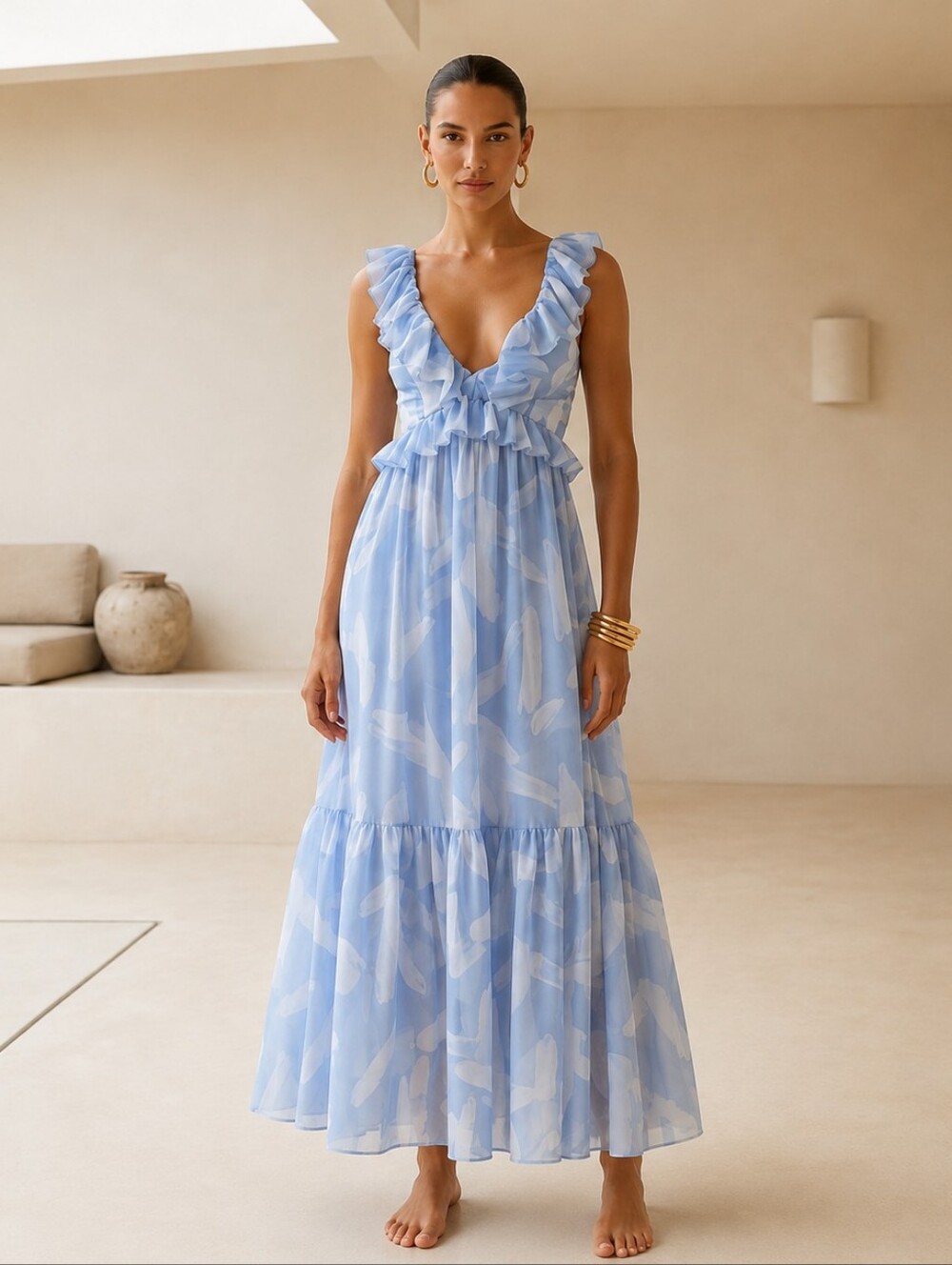 Abercrombie Fitch Powder Blue Ruffle Maxi Dress Size XS Tiered Romantic Flowy